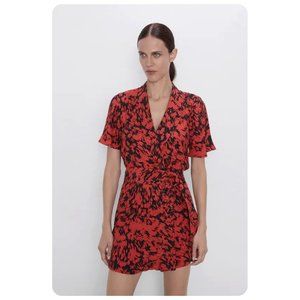 Zara Red Printed Belted Short Sleeve Romper Jumpsuit Playsuit sz M